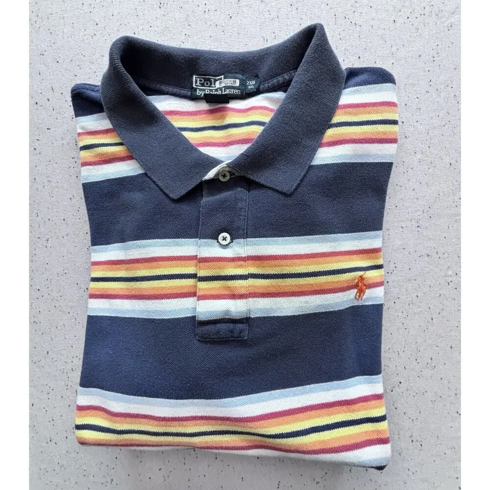 Vtg 90s Polo Ralph Lauren Mens 2XB Big Striped Mesh Polo Shirt Blue Orange